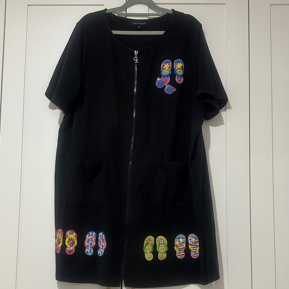 Black Zip-Up Dress with Colorful Footprint Design